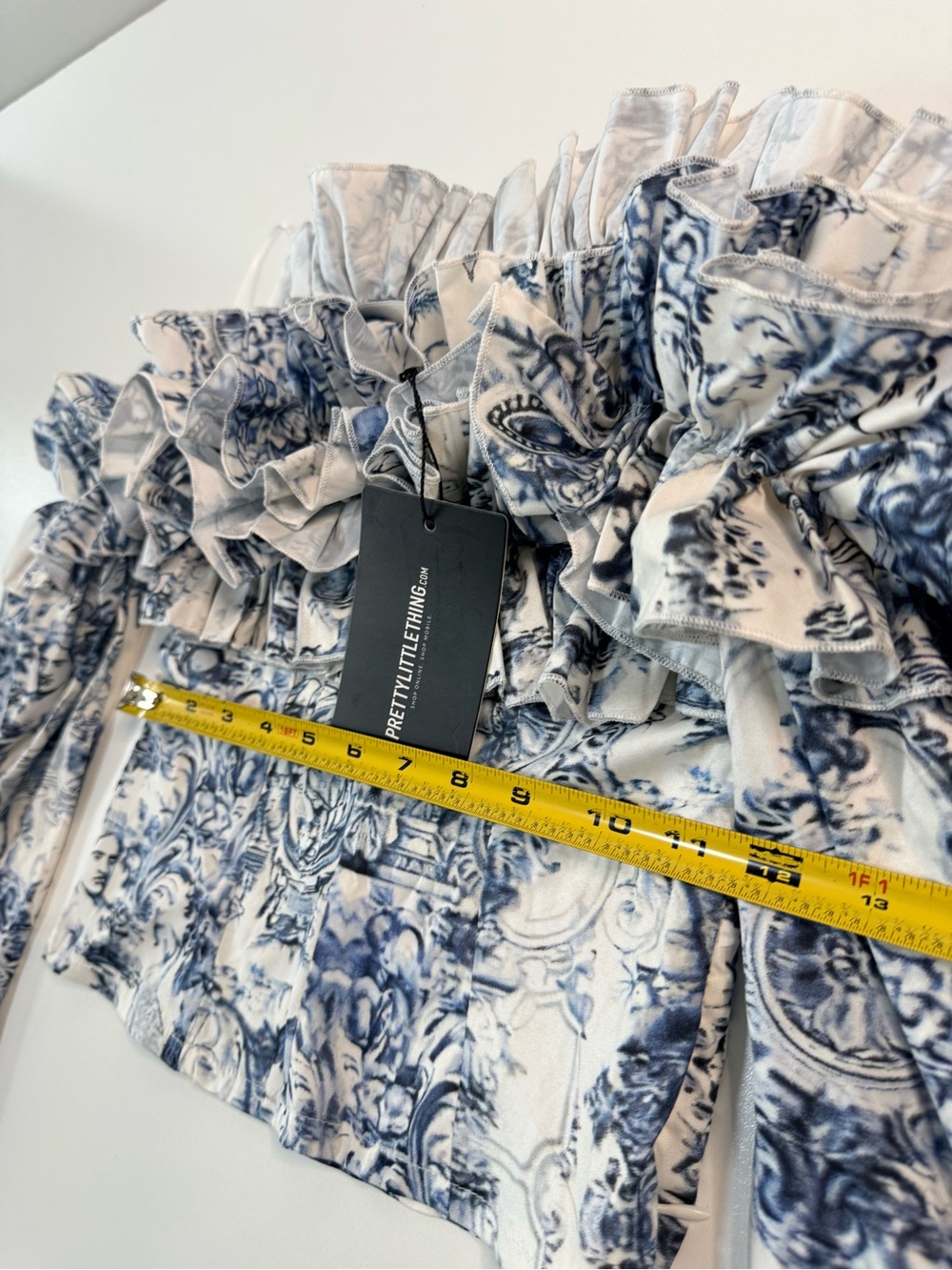 PrettyLittleThing White & Blue Ruffle Off-Shoulder Blouse - Picture 4 of 7